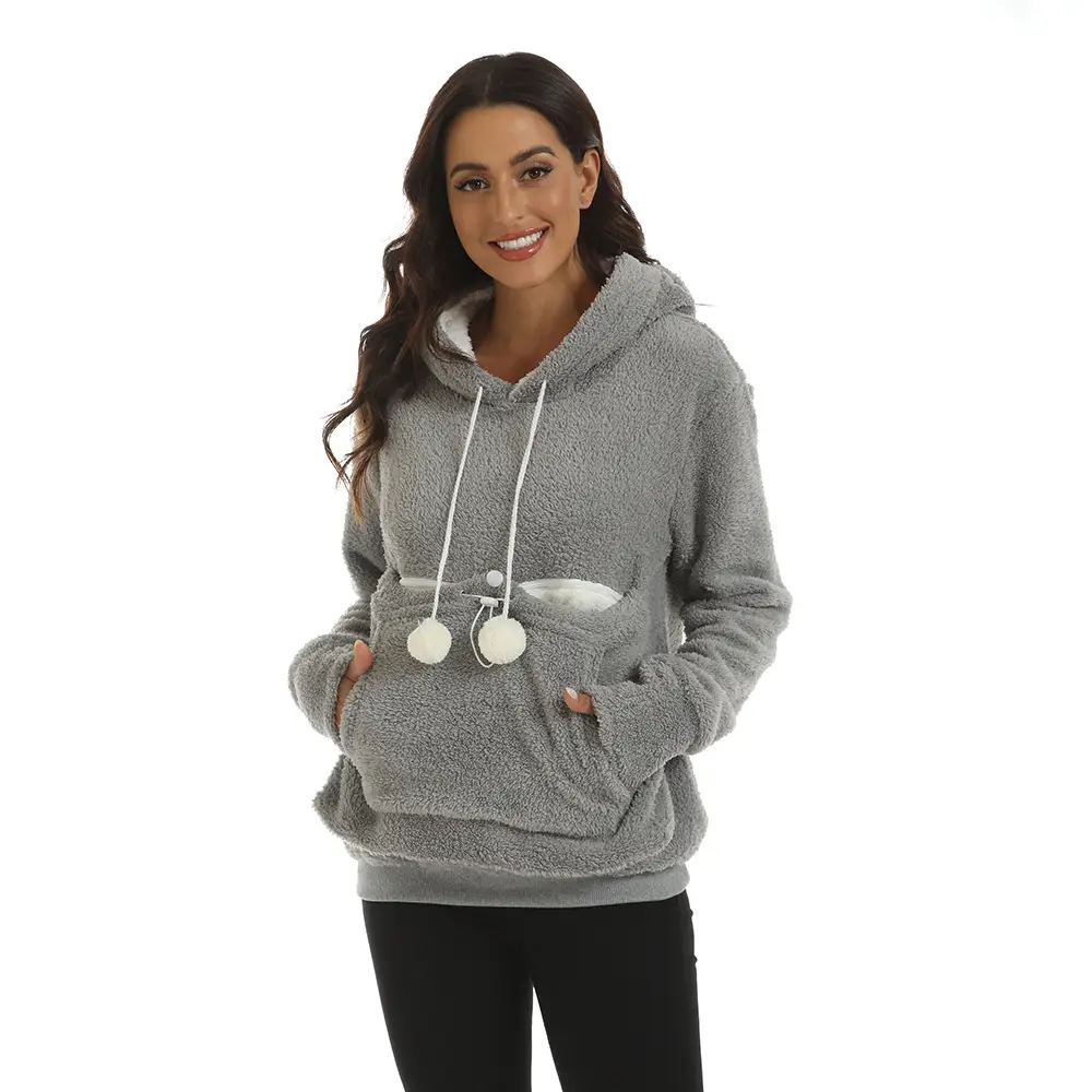Gray Fleece Hooded Sweatshirt with Large Pocket - Image 2