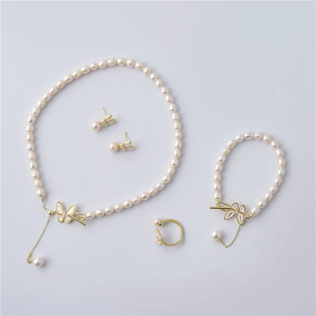 Butterfly Pearl Necklace Bracelet Silver Earrings Set