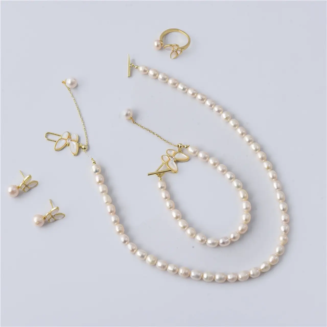 Butterfly Pearl Necklace Bracelet Silver Earrings Set
