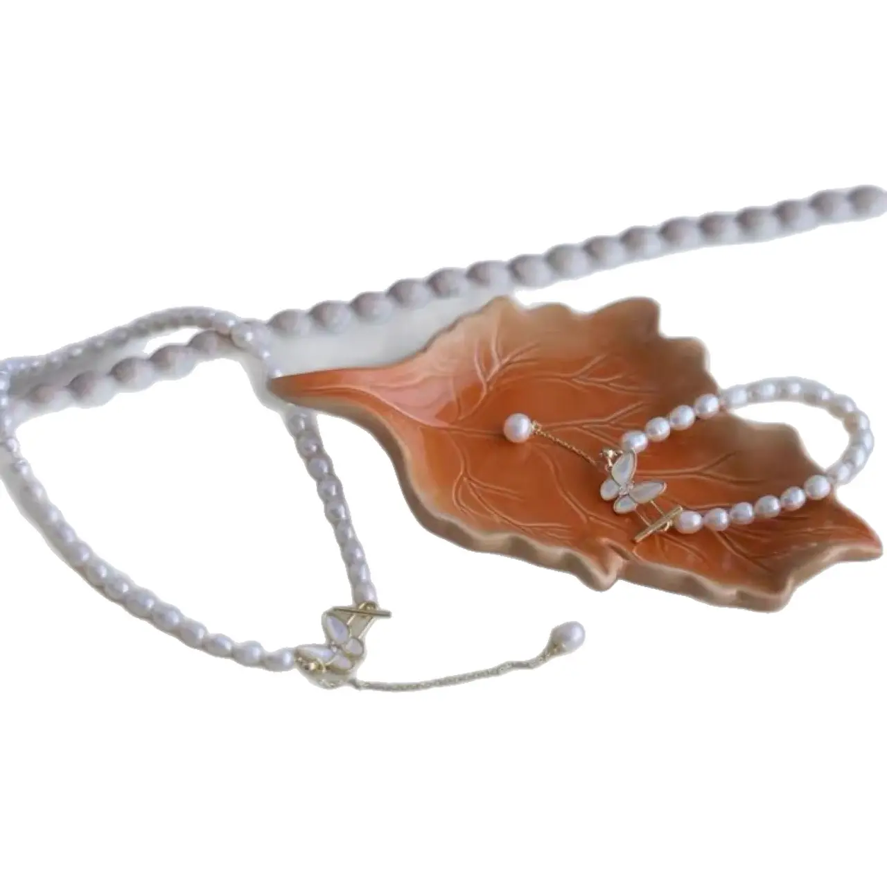 Butterfly Pearl Necklace Bracelet Silver Earrings Set