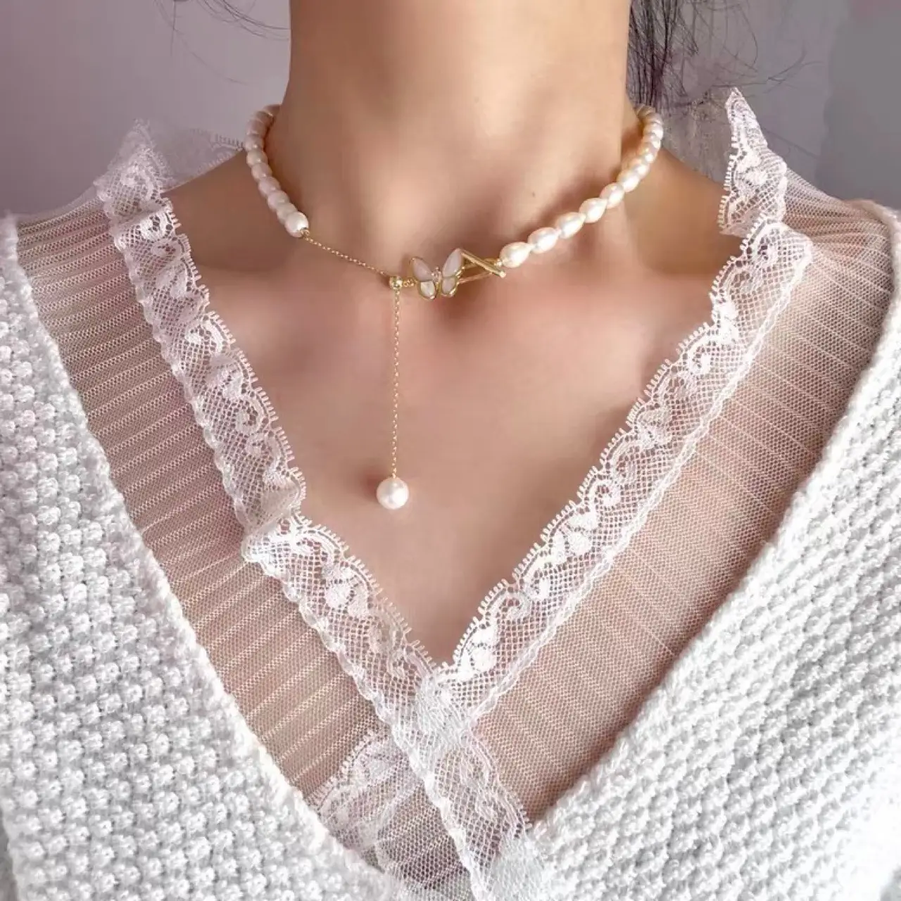 Butterfly Pearl Necklace Bracelet Silver Earrings Set — feature 7