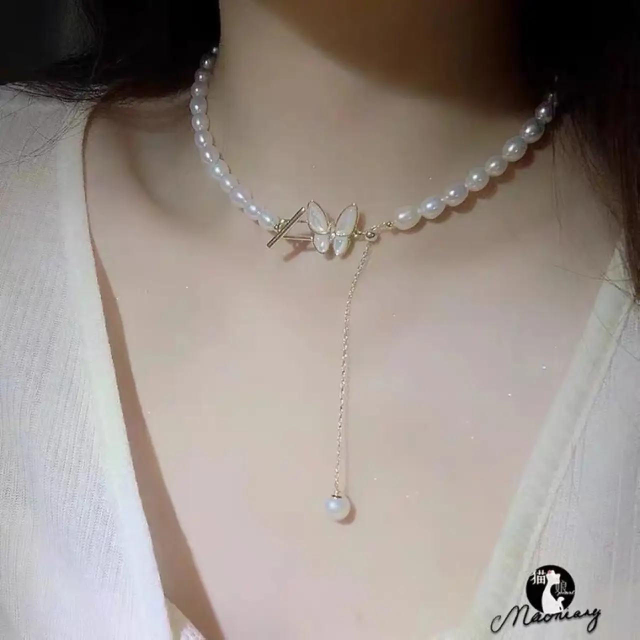 Butterfly Pearl Necklace Bracelet Silver Earrings Set — feature 8