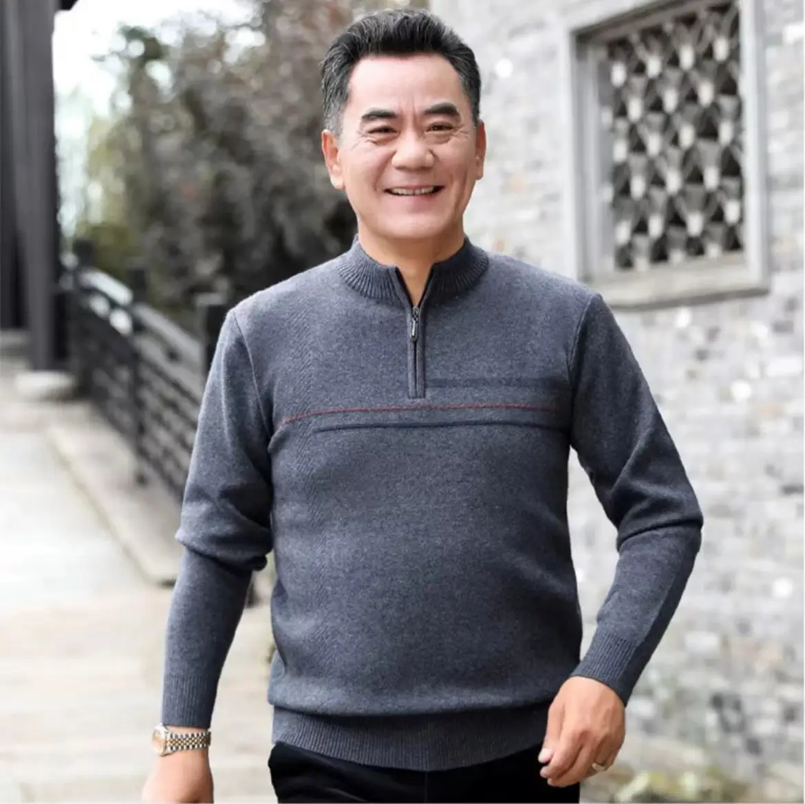New Men Thickened Jacquard Sweater Long Sleeve Middle Age Elderly - Image 9