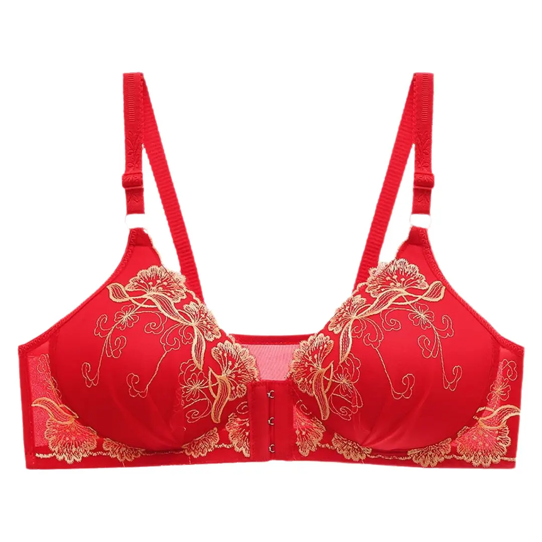 New Front Buckle Embroidered Underwear Cross-border Women's Gather Thin Cotton Cup Bra Middle-aged and Elderly plus size Bra without Steel Rings