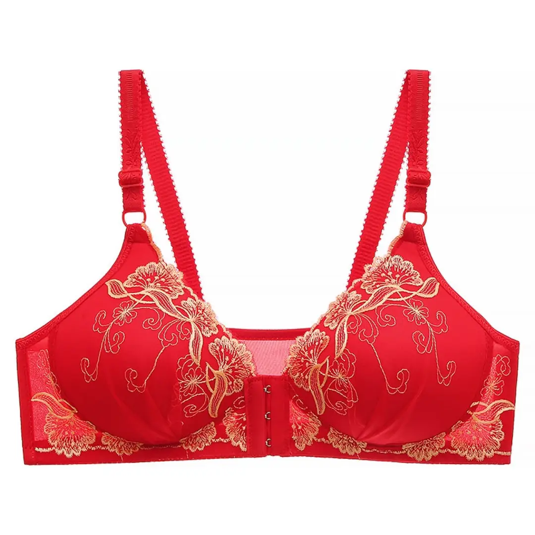 New Front Buckle Embroidered Underwear Cross-border Women's Gather Thin Cotton Cup Bra Middle-aged and Elderly plus size Bra without Steel Rings — feature 27