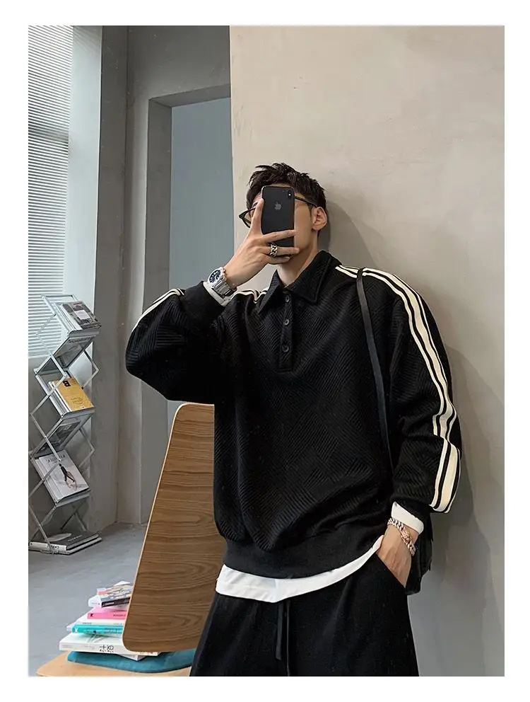 Men Black Striped Polo Shirt with White Trim — feature 7