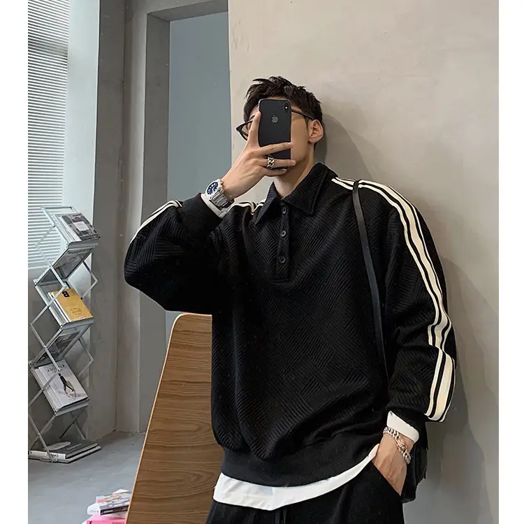 Men Black Striped Polo Shirt with White Trim - Image 3