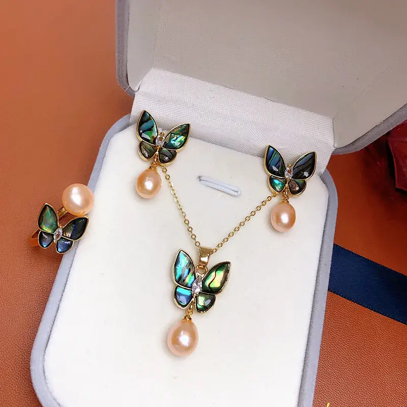 Golden Butterfly Pearl Pendant Set Three Piece Jewelry
