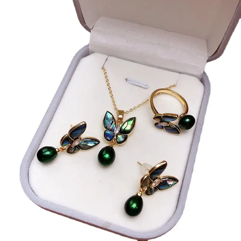 Golden Butterfly Pearl Pendant Set Three Piece Jewelry