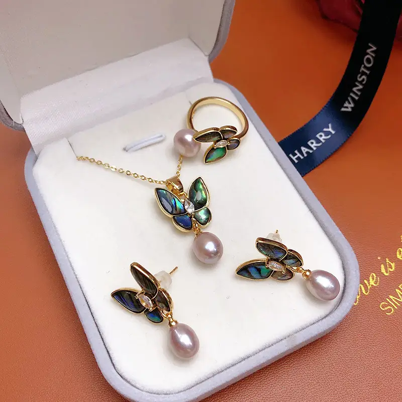 Golden Butterfly Pearl Pendant Set Three Piece Jewelry