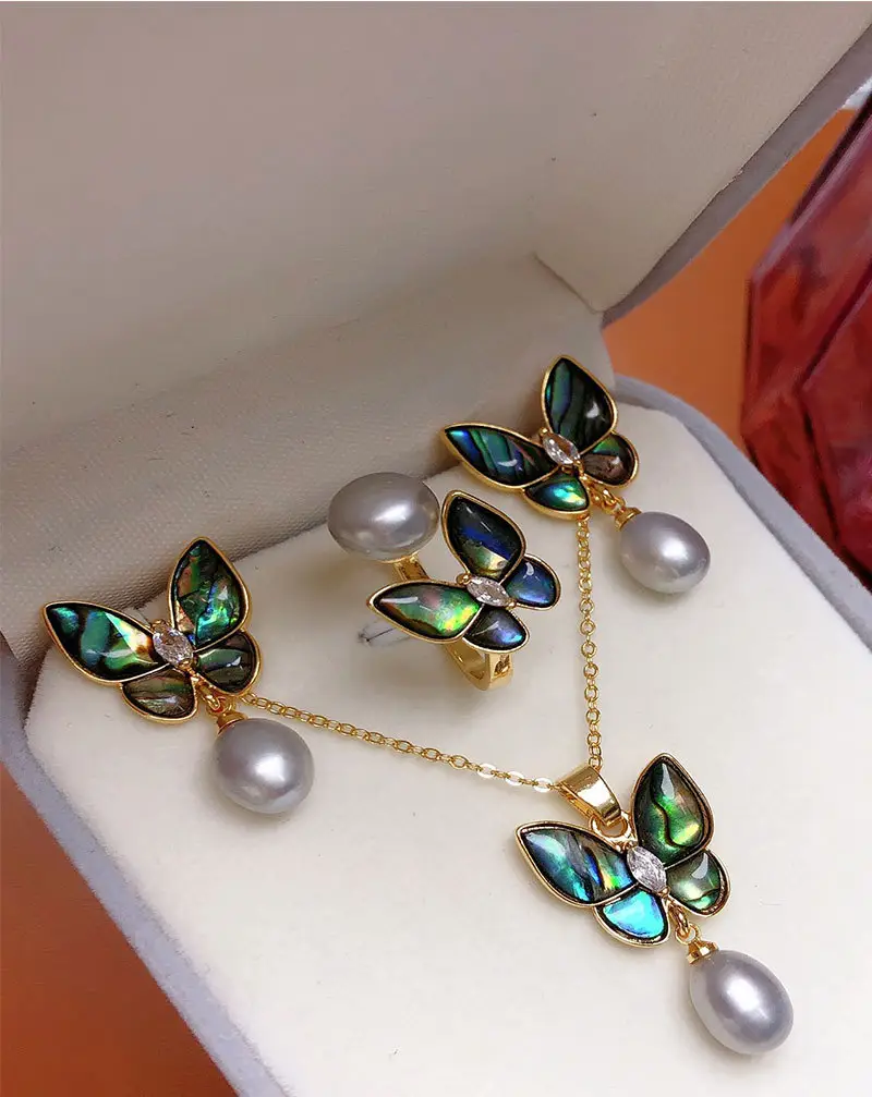 Golden Butterfly Pearl Pendant Set Three Piece Jewelry