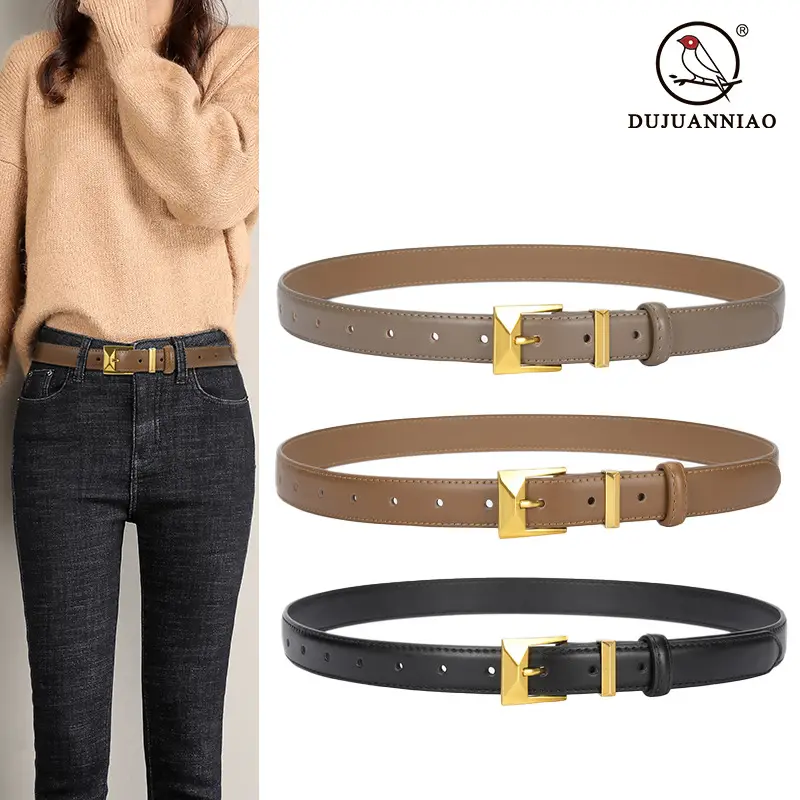 Women's Green Genuine Leather Belt with Gold Buckle