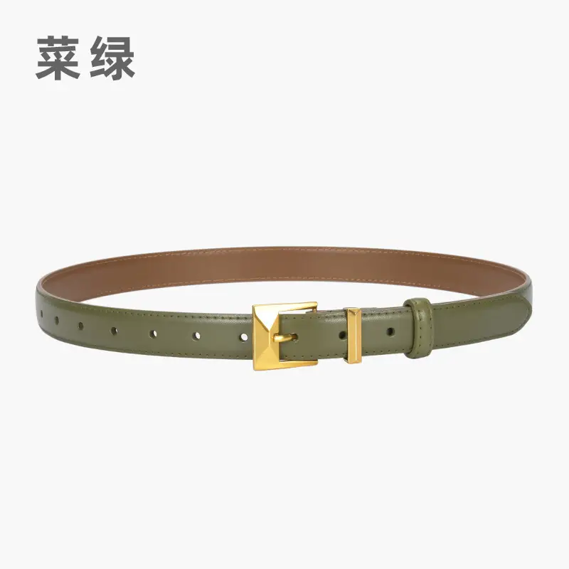 Women's Green Genuine Leather Belt with Gold Buckle