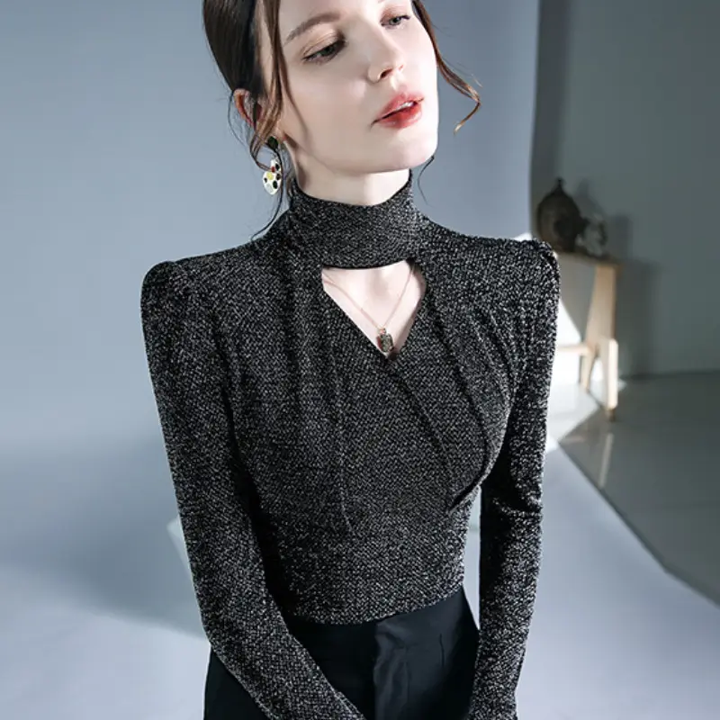 Black Silk Long Sleeve Neck Top with Keyhole Design - Image 3