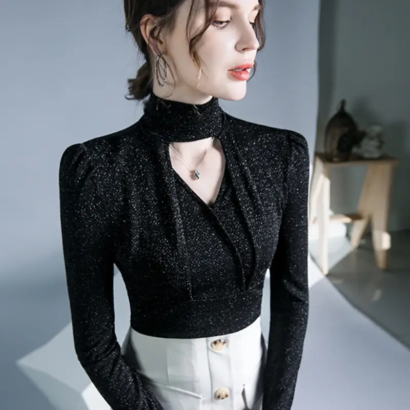 Black Silk Long Sleeve Neck Top with Keyhole Design - Image 2
