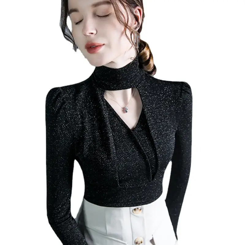 Black Silk Long Sleeve Neck Top with Keyhole Design - Image 5