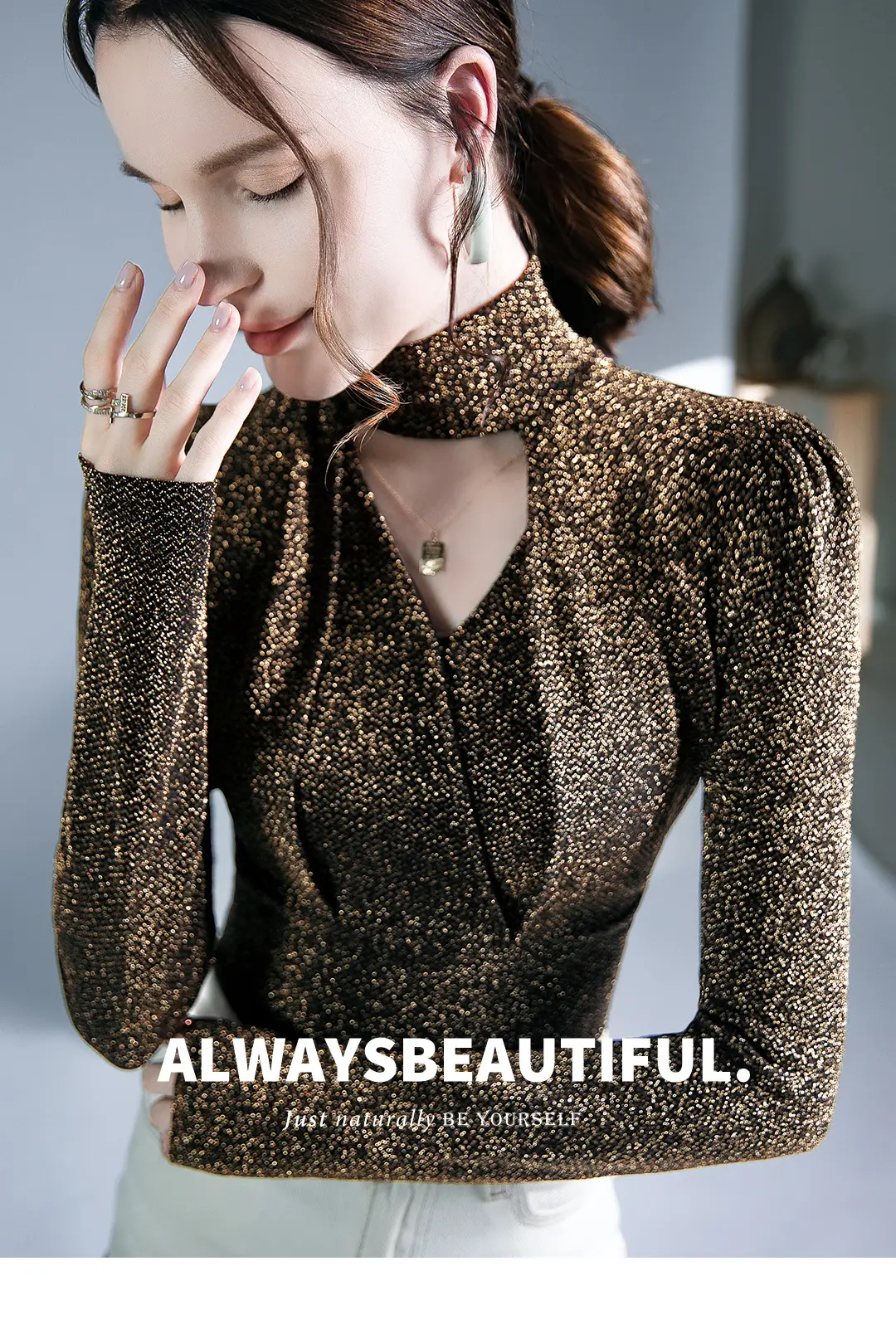 Black Silk Long Sleeve Neck Top with Keyhole Design — feature 1