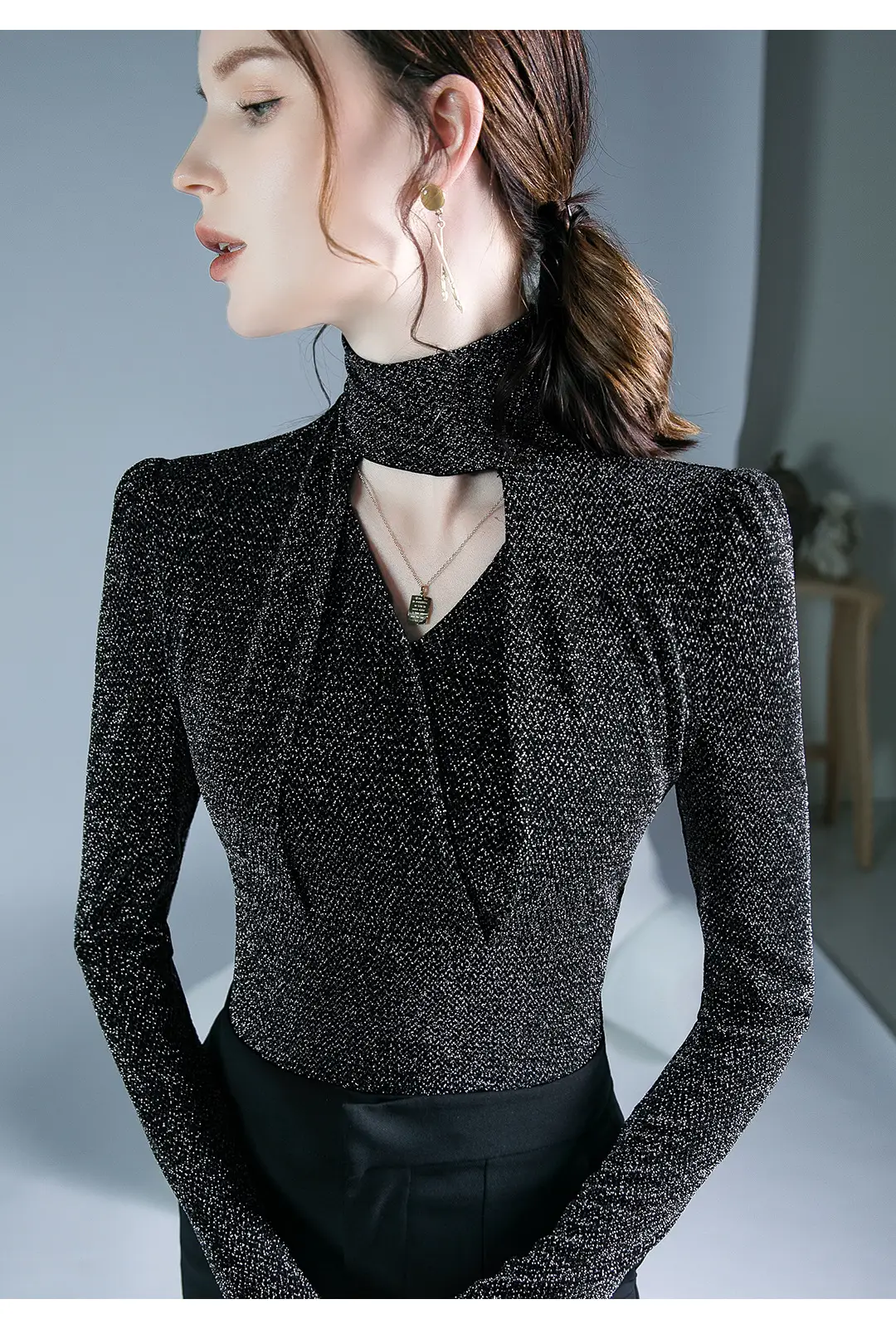 Black Silk Long Sleeve Neck Top with Keyhole Design — feature 10