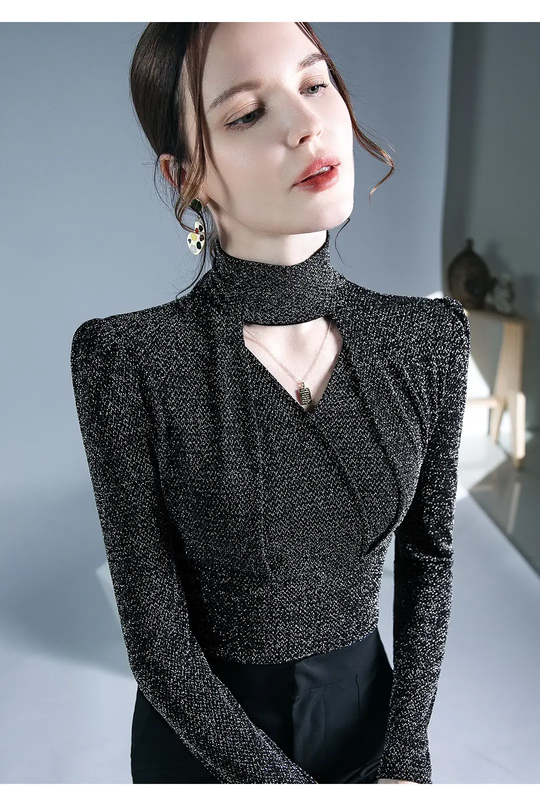 Black Silk Long Sleeve Neck Top with Keyhole Design — feature 11
