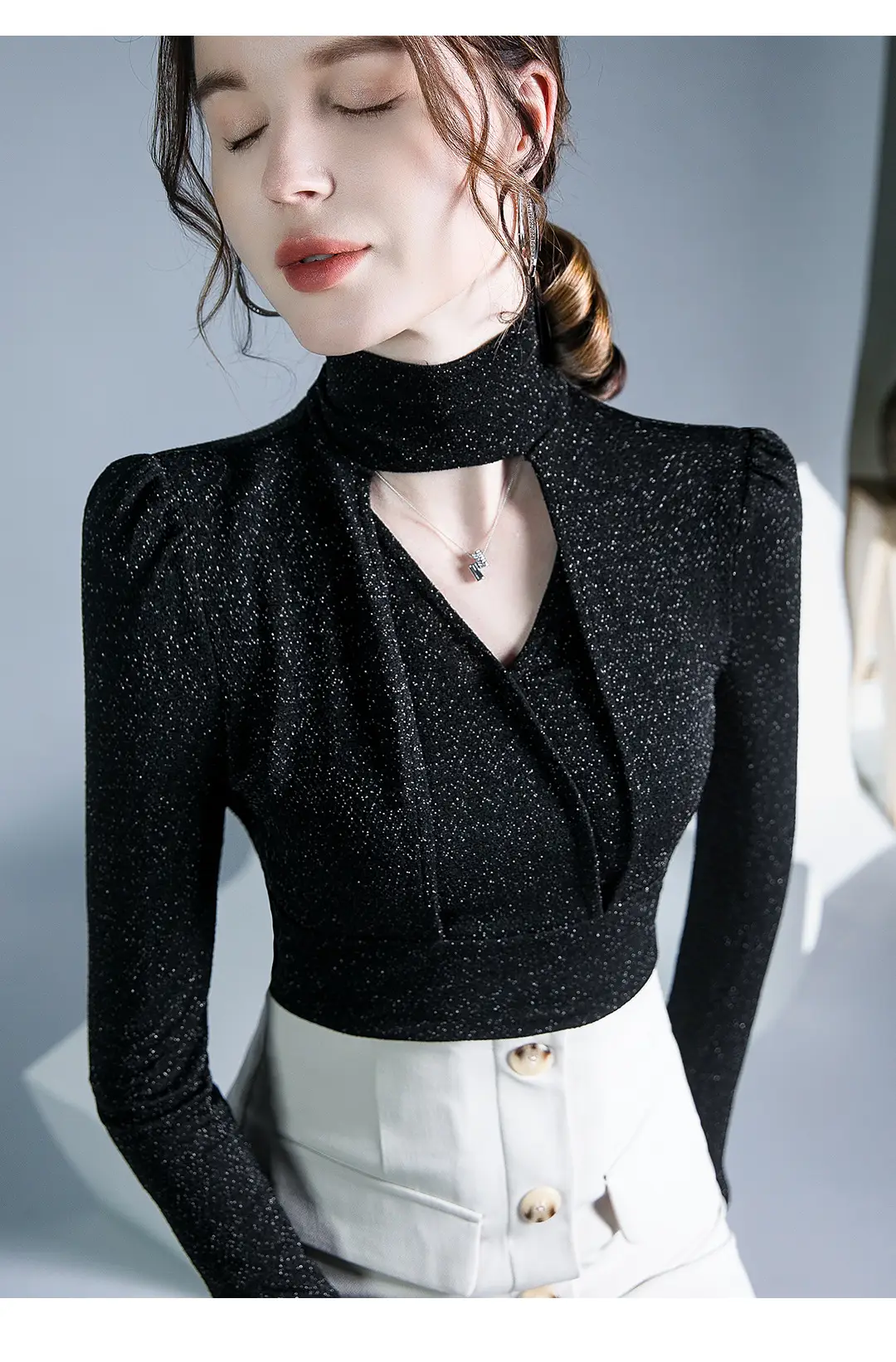 Black Silk Long Sleeve Neck Top with Keyhole Design — feature 12