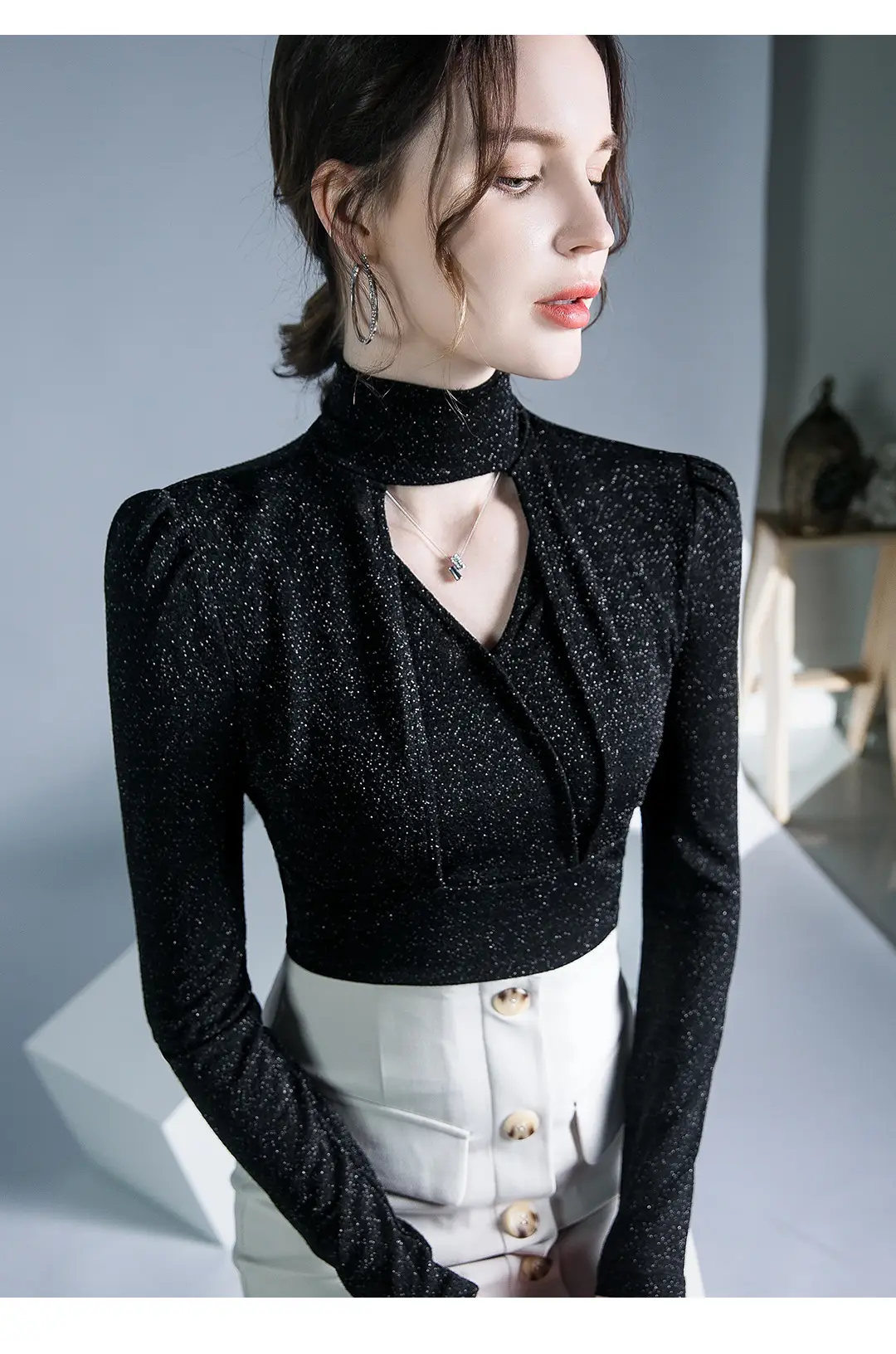 Black Silk Long Sleeve Neck Top with Keyhole Design — feature 13