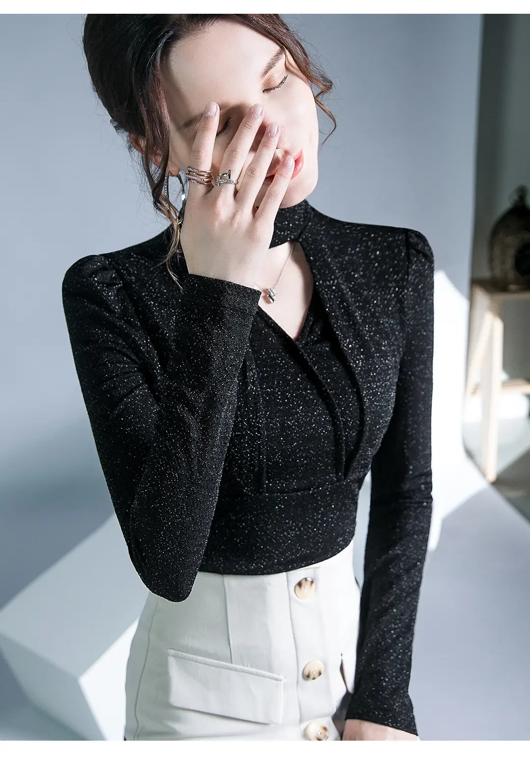 Black Silk Long Sleeve Neck Top with Keyhole Design — feature 14