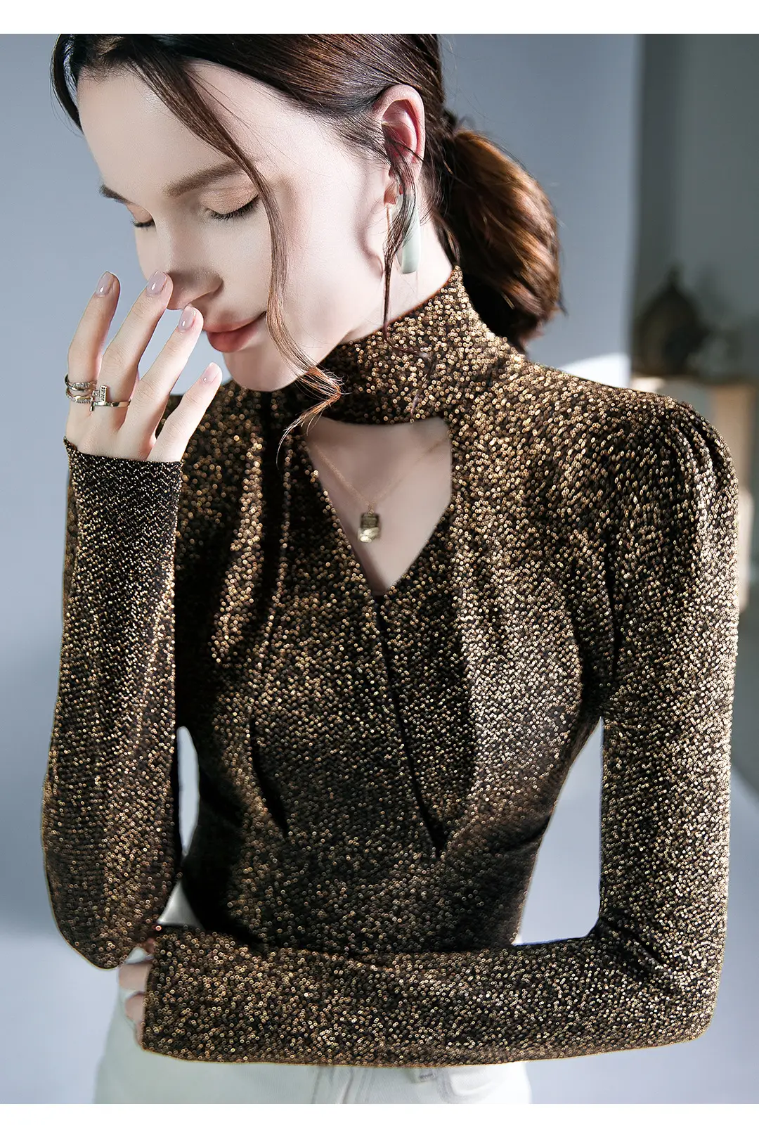 Black Silk Long Sleeve Neck Top with Keyhole Design — feature 4