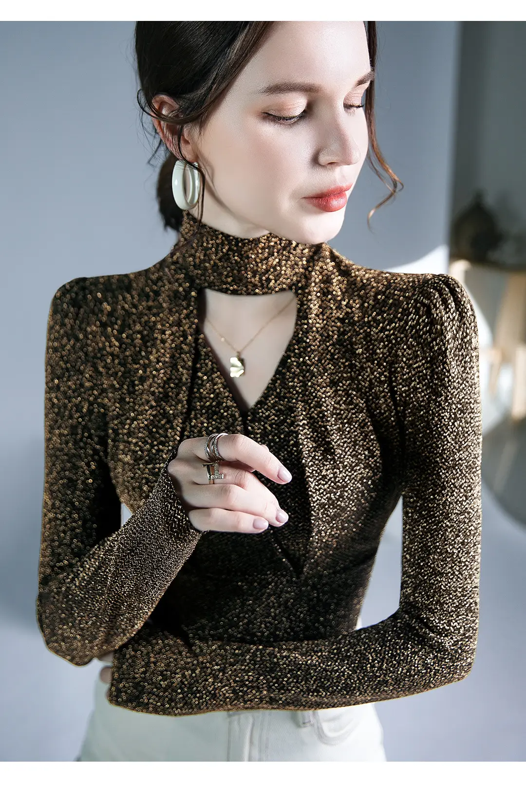 Black Silk Long Sleeve Neck Top with Keyhole Design — feature 5