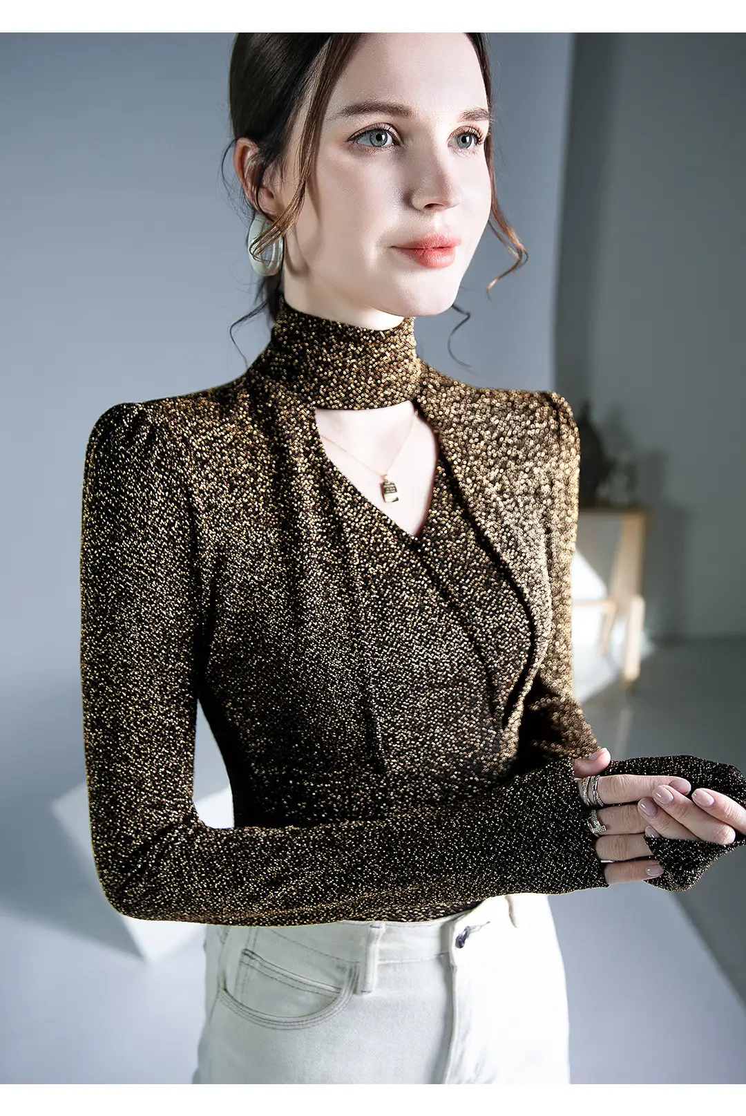 Black Silk Long Sleeve Neck Top with Keyhole Design — feature 6