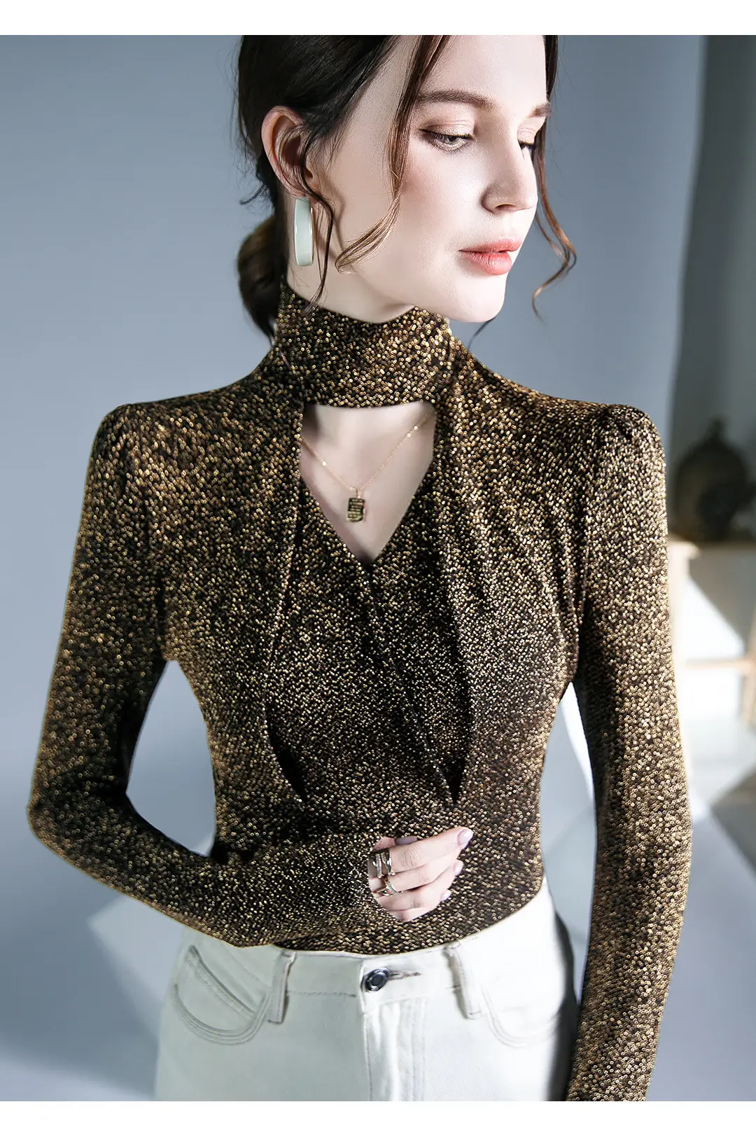 Black Silk Long Sleeve Neck Top with Keyhole Design — feature 7