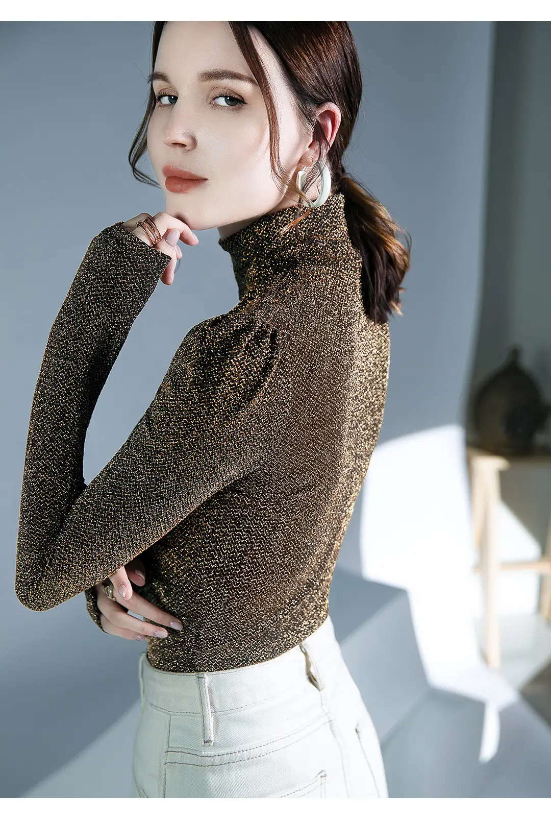 Black Silk Long Sleeve Neck Top with Keyhole Design — feature 8
