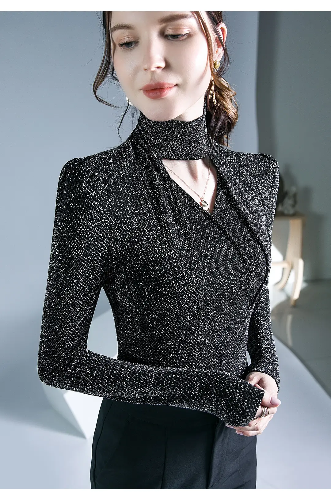 Black Silk Long Sleeve Neck Top with Keyhole Design — feature 9