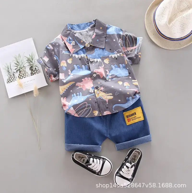 Boys' Navy Printed Shorts Suit with Hat & Sneakers - Image 3