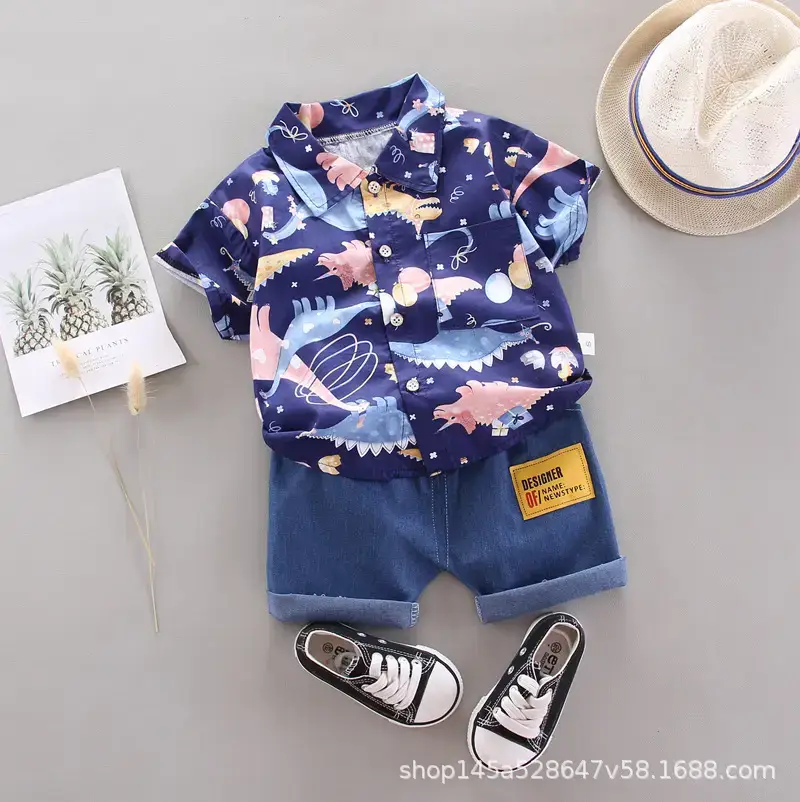 Boys' Navy Printed Shorts Suit with Hat & Sneakers - Image 2