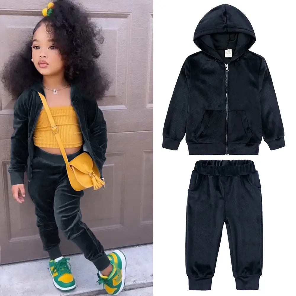 Gold Velvet Kids Suit Hooded Trousers Set for Girls