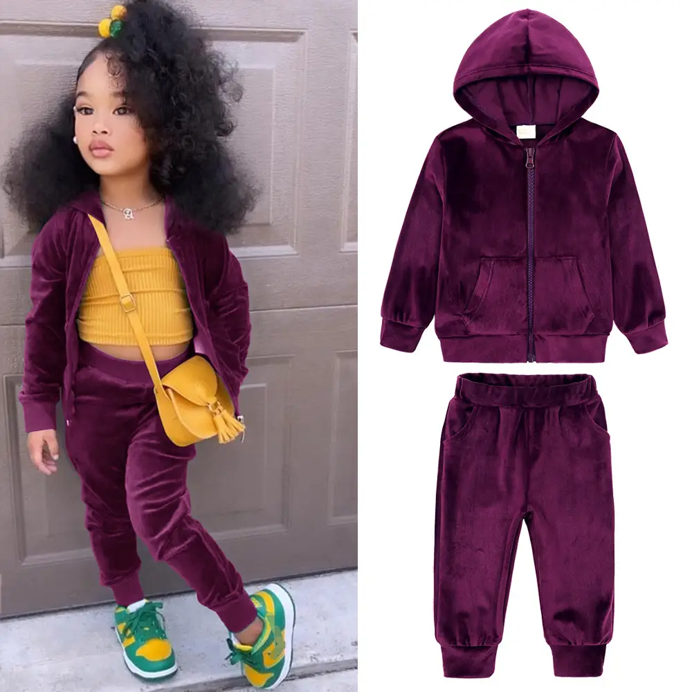Gold Velvet Kids Suit Hooded Trousers Set for Girls