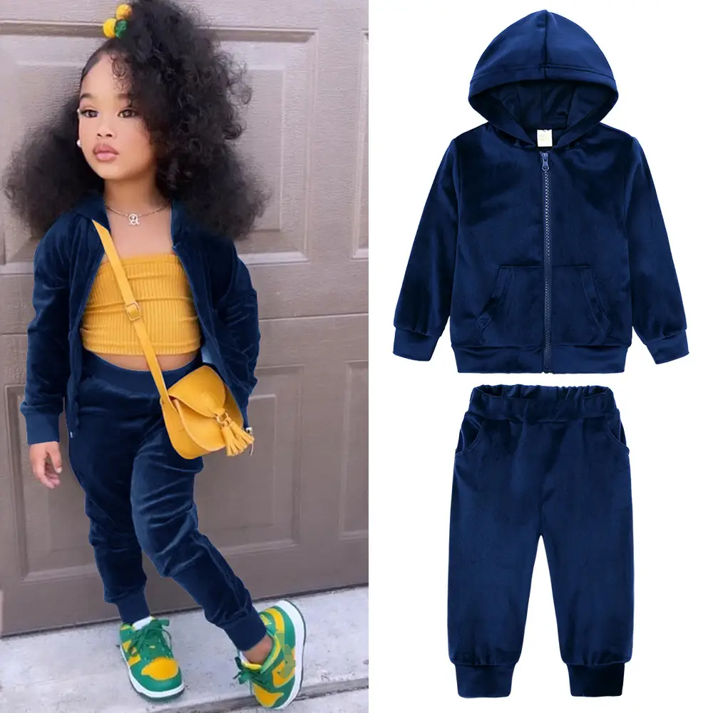 Gold Velvet Kids Suit Hooded Trousers Set for Girls