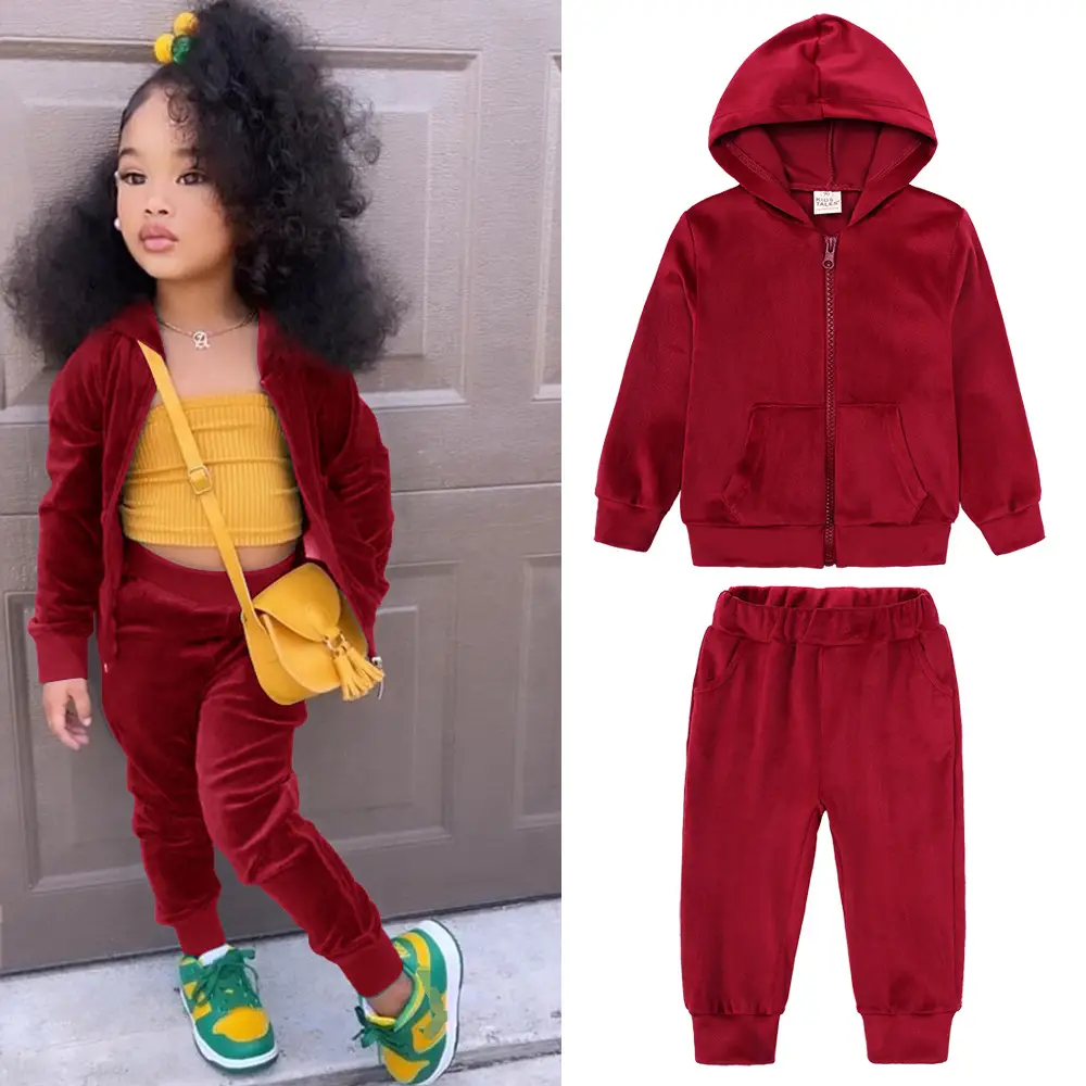 Gold Velvet Kids Suit Hooded Trousers Set for Girls