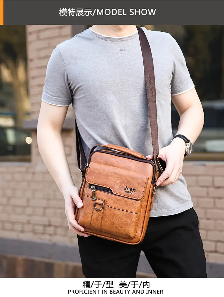 Retro Men's Shoulder Bag with Pocket Set Brown — feature 13