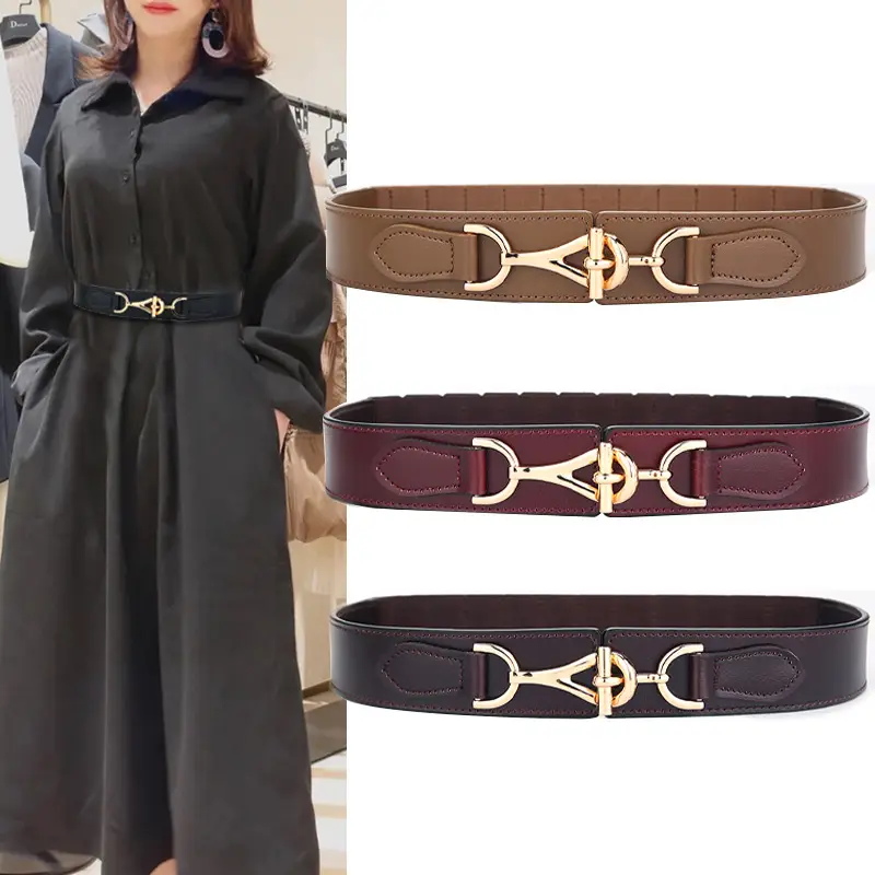 2026 Women's Black Leather Belt with Gold Buckle