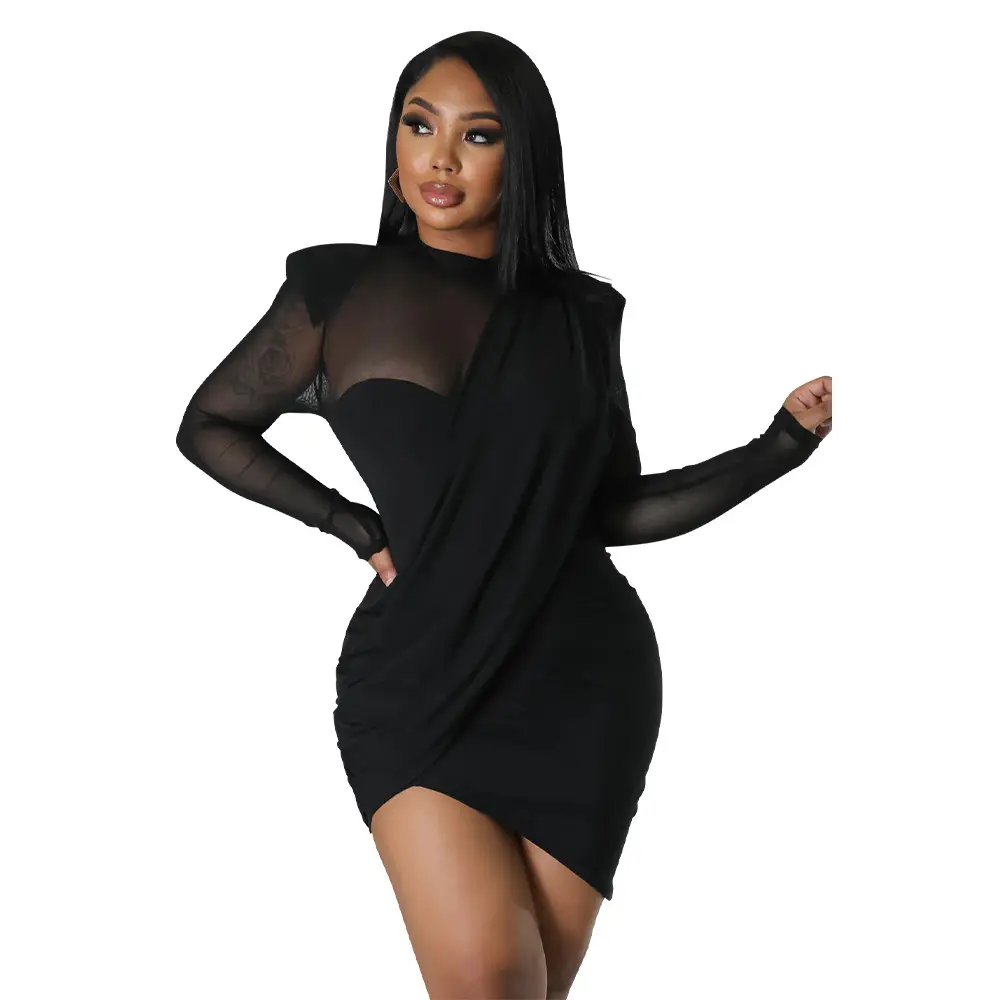 Black Mesh Body Dress for Women with Patch Waist