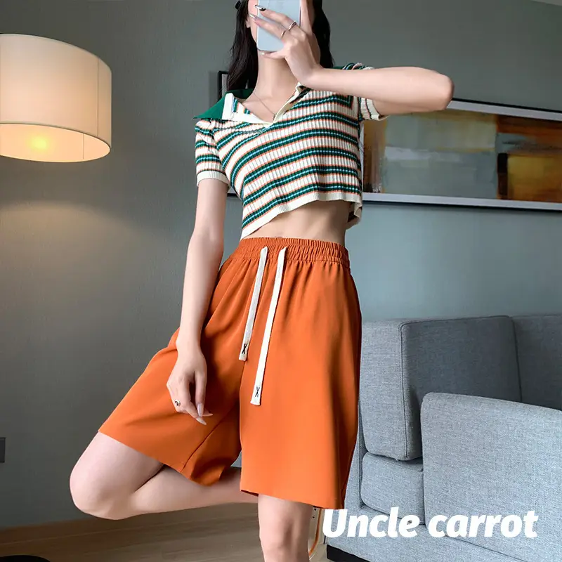 Women Drawstring Ice Silk Shorts Pink 5Q - Image 13
