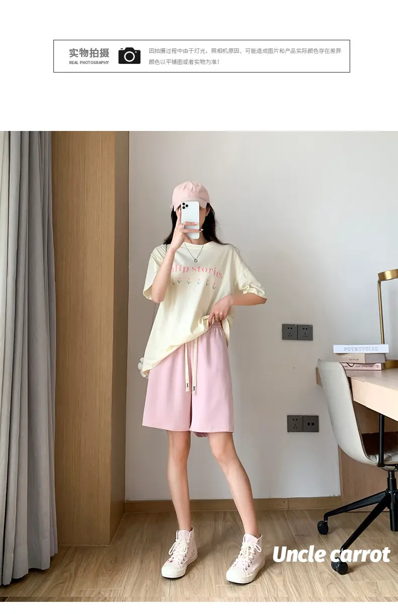 Women Drawstring Ice Silk Shorts Pink 5Q — feature 38