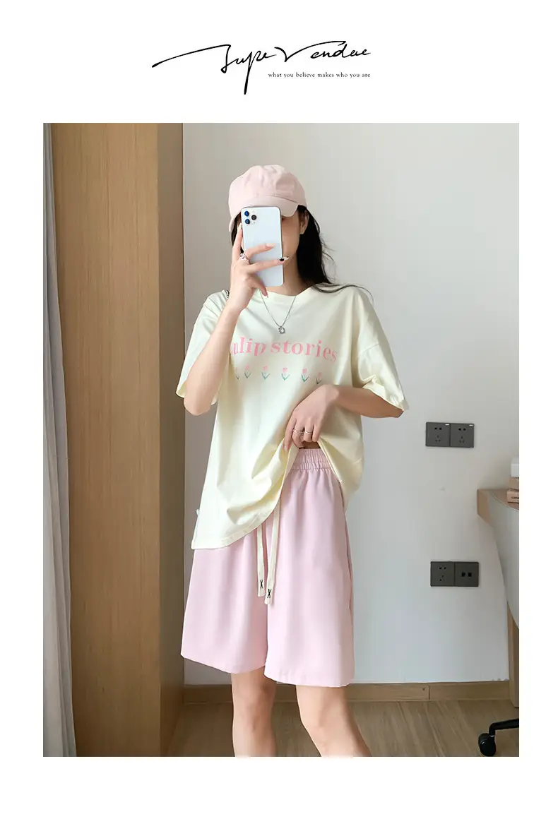 Women Drawstring Ice Silk Shorts Pink 5Q — feature 39