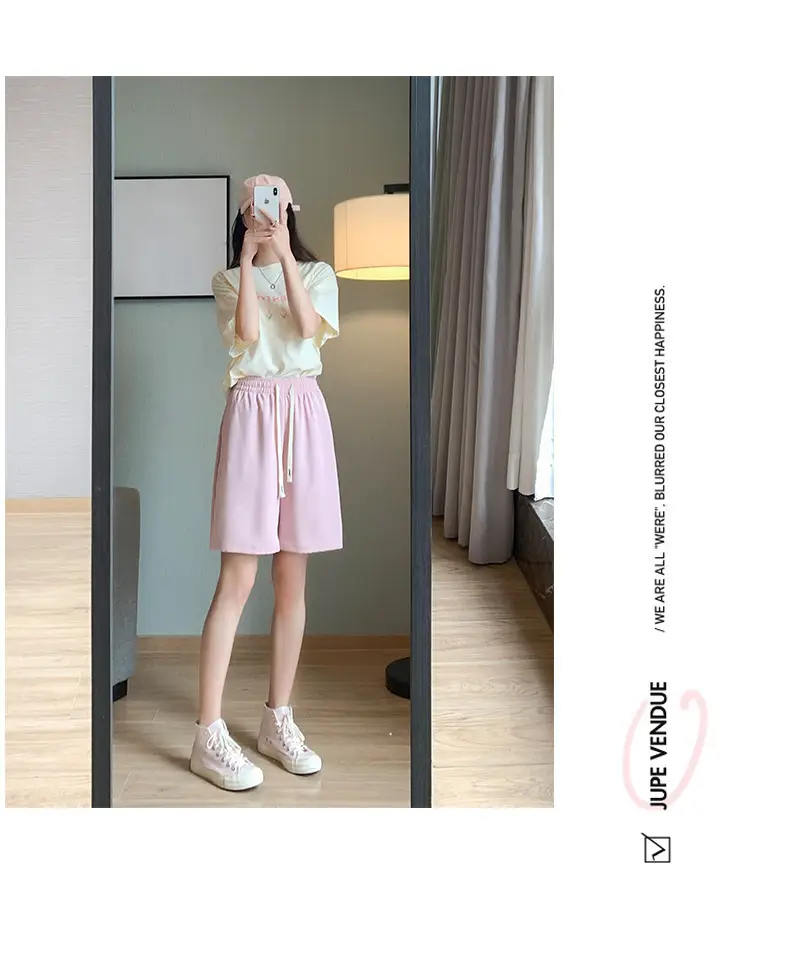 Women Drawstring Ice Silk Shorts Pink 5Q — feature 40