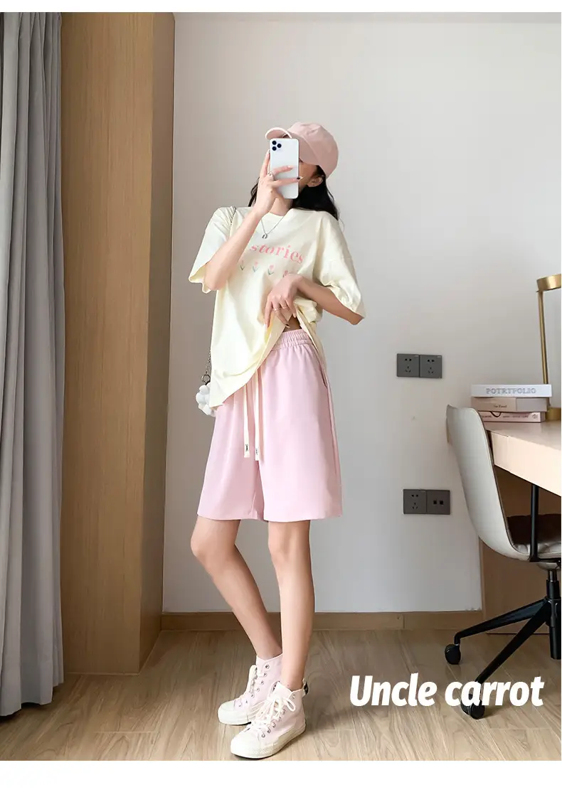 Women Drawstring Ice Silk Shorts Pink 5Q — feature 41
