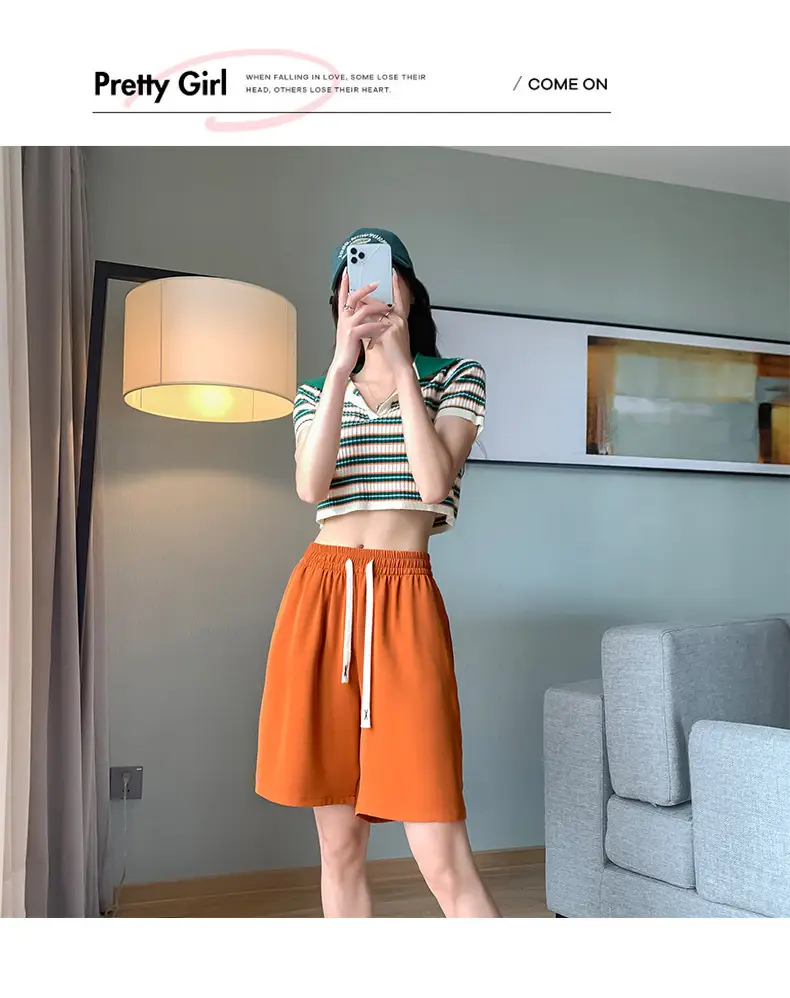 Women Drawstring Ice Silk Shorts Pink 5Q — feature 42