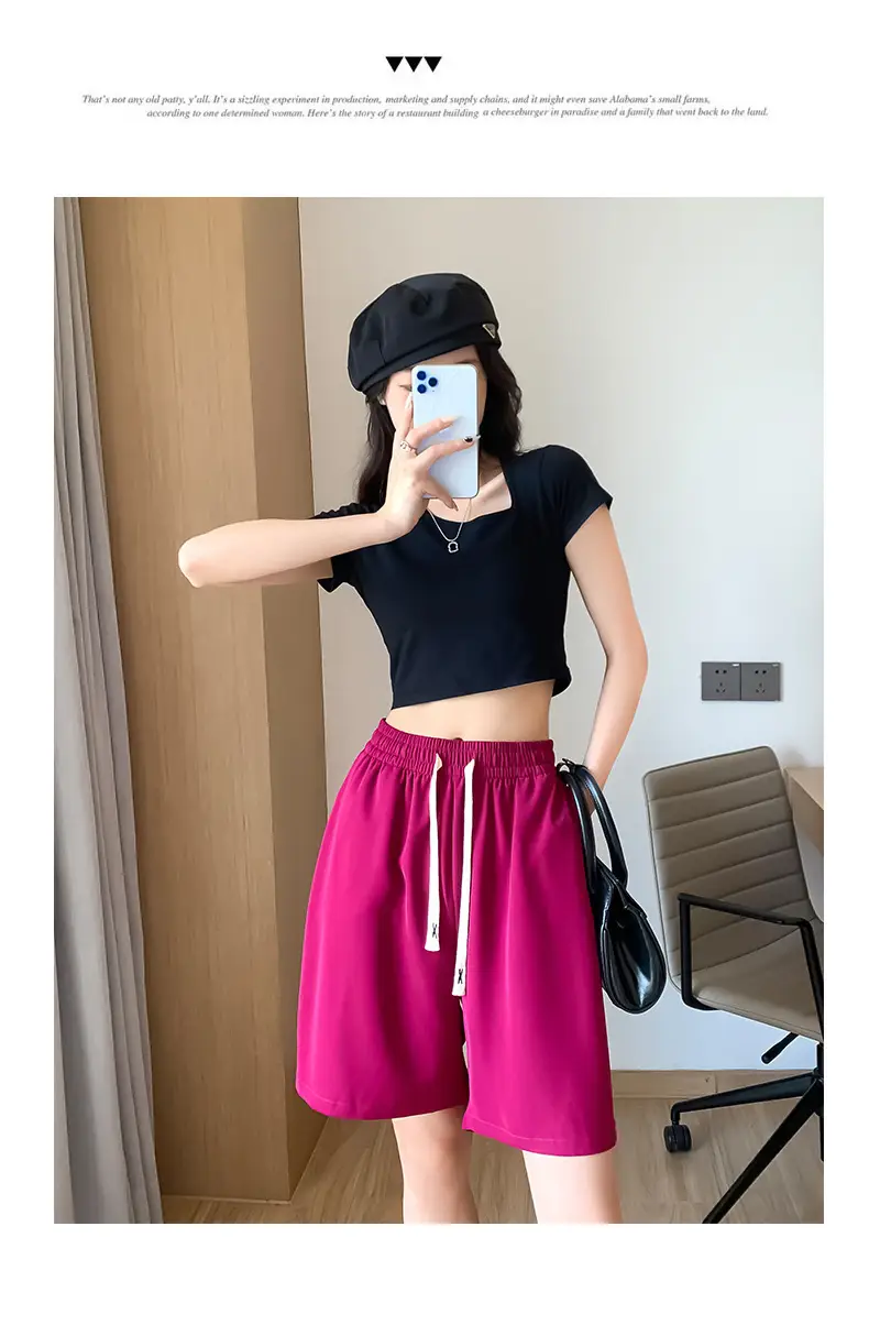 Women Drawstring Ice Silk Shorts Pink 5Q — feature 46