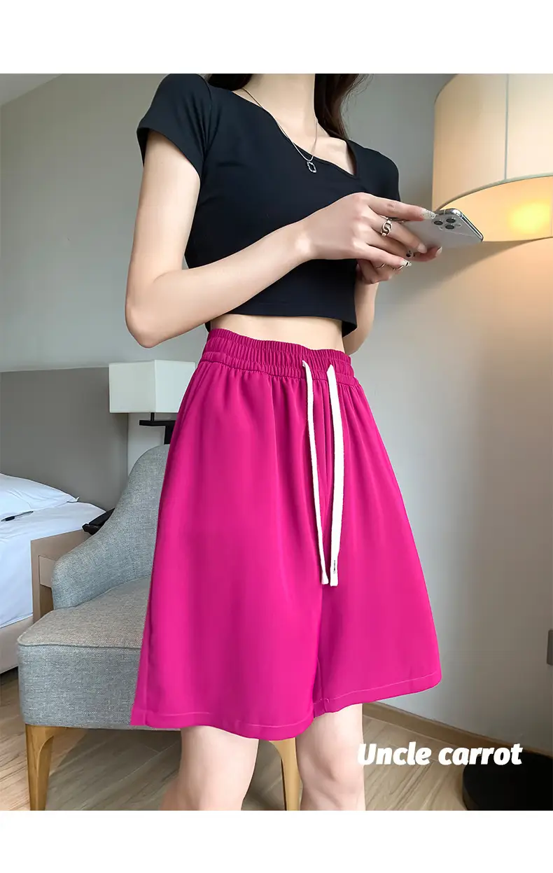 Women Drawstring Ice Silk Shorts Pink 5Q — feature 47