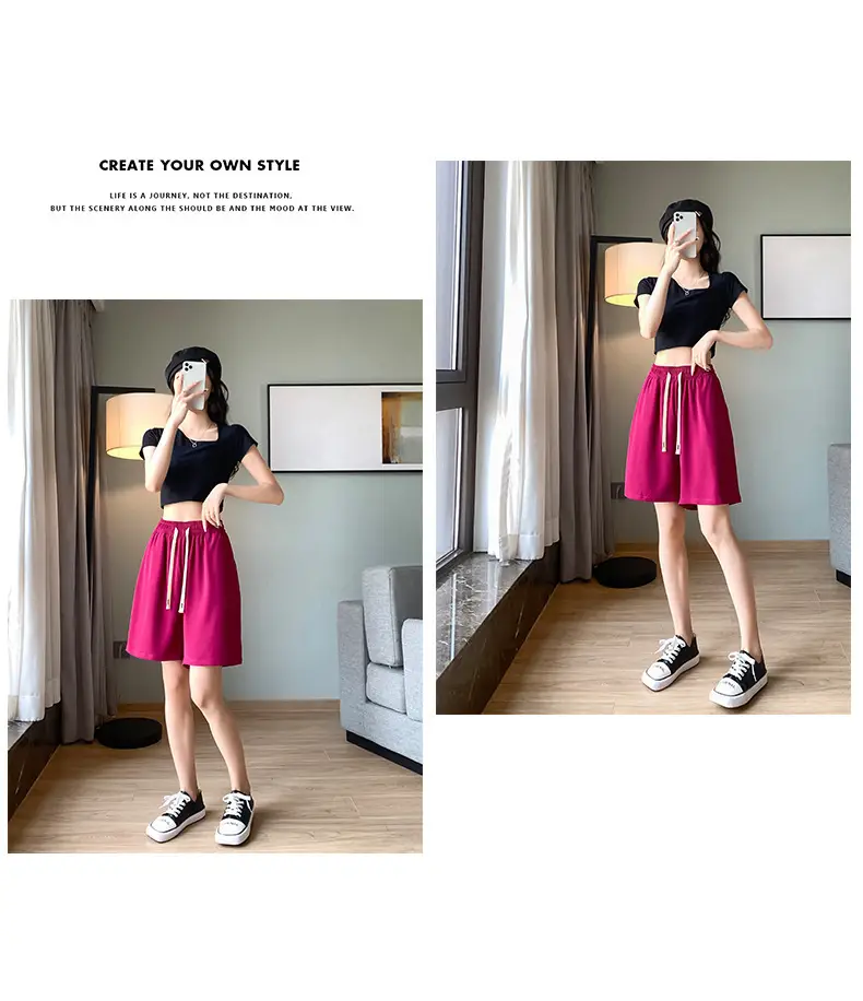 Women Drawstring Ice Silk Shorts Pink 5Q — feature 48